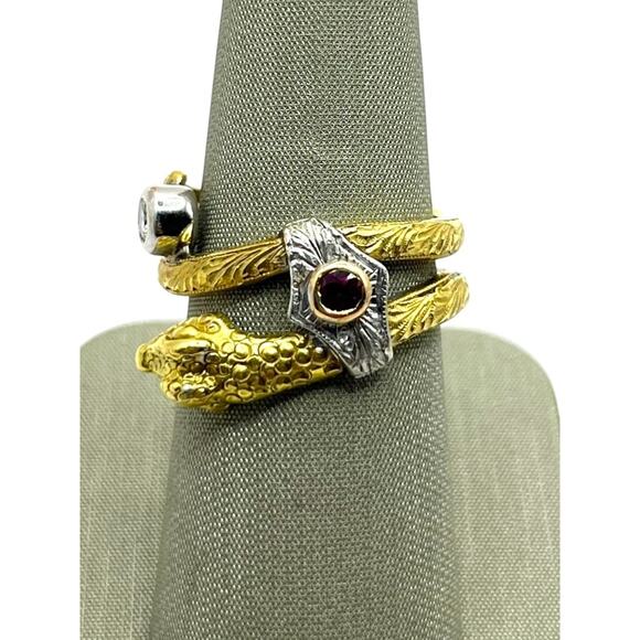 18K Etched Yellow Gold, Pink Stone & Diamond Snake Wrap Around Ring (15492) - Picture 1 of 8